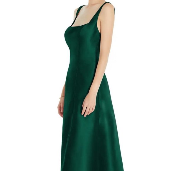 Alfred Sung Hunter Green Square Neck Satin A-Line Gown D826 - Picture 3 of 6